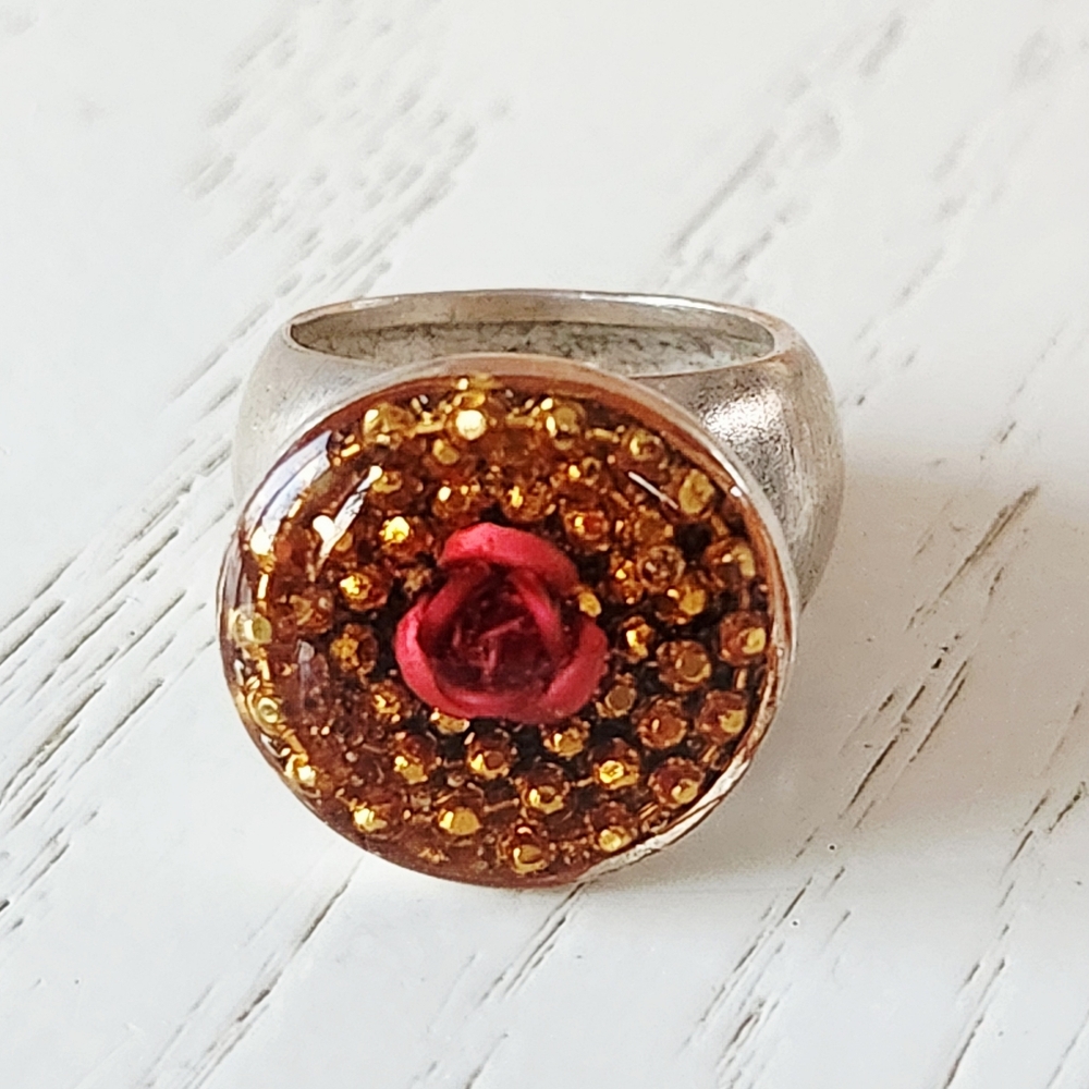 Vintage Sterling Silver Ring Resin Red Rose Accent